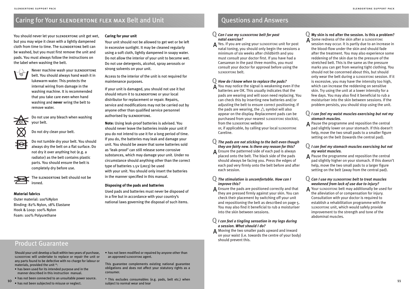 Caring for your slendertone flex max belt and unit, Questions and answers q, Product guarantee | Activeforever Slendertone Flex Pro Unisex Abs User Manual | Page 6 / 7