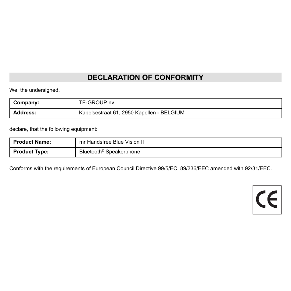 Declaration of conformity | Activeforever Mr Handsfree Blue Vision II Bluetooth Car Kit User Manual | Page 2 / 11