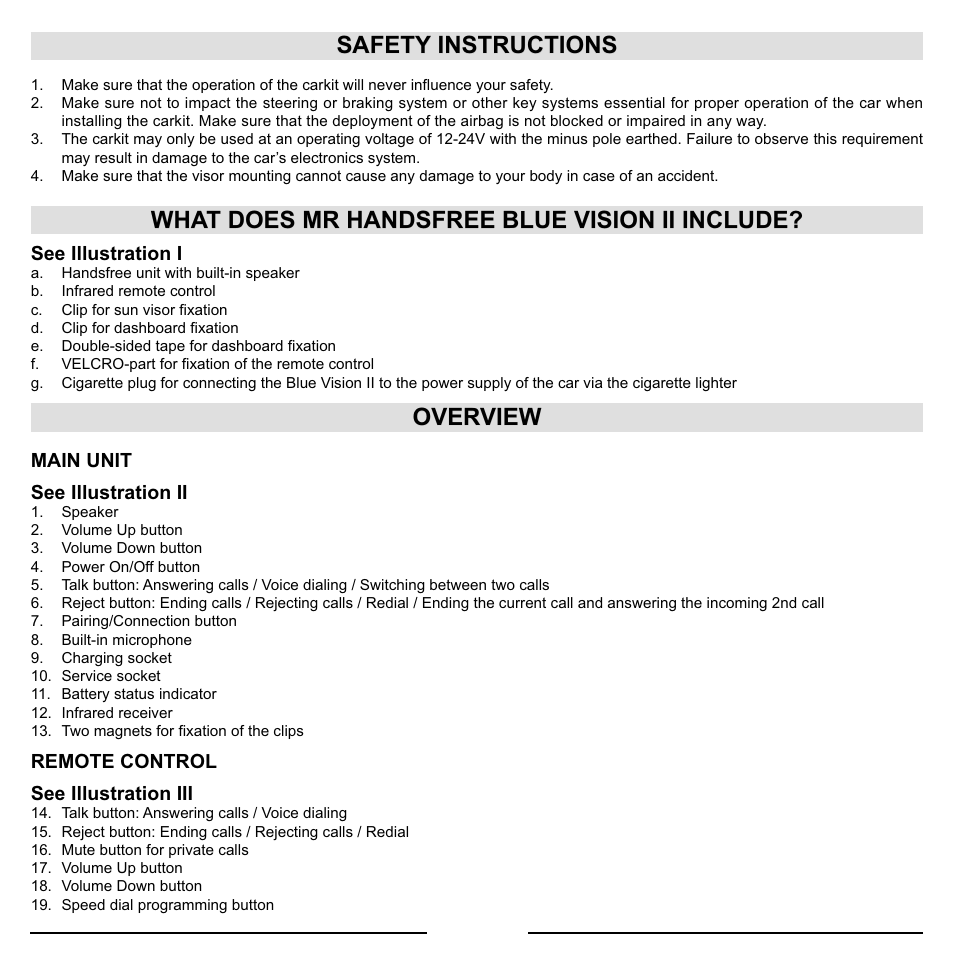 Safety instructions, What does mr handsfree blue vision ii include, Overview | Activeforever Mr Handsfree Blue Vision II Bluetooth Car Kit User Manual | Page 5 / 11