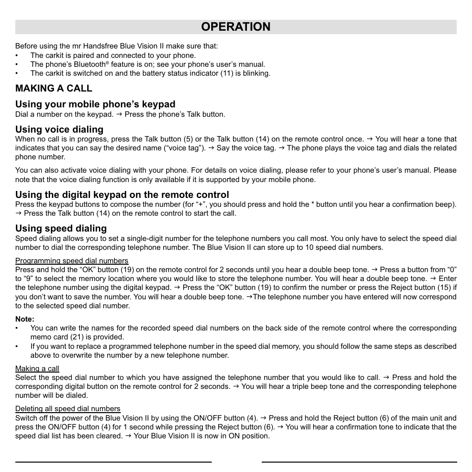 Operation | Activeforever Mr Handsfree Blue Vision II Bluetooth Car Kit User Manual | Page 8 / 11