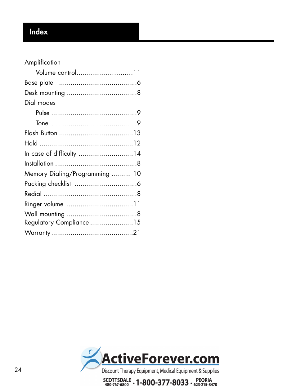 Index | Activeforever Ameriphone P-300 Amplified Photo Phone User Manual | Page 25 / 25