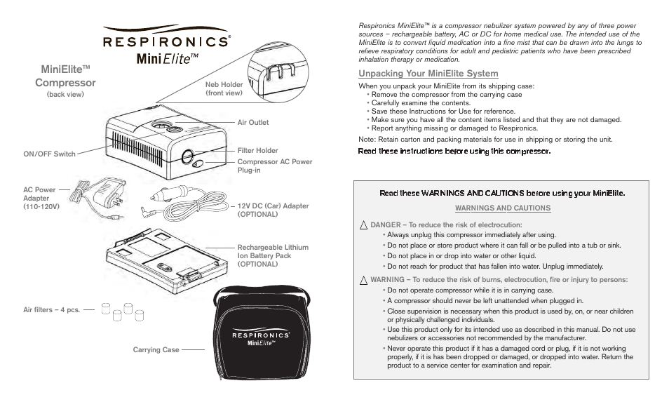 Minielite™ compressor | Activeforever Respironics MiniElite Compressor Nebulizer System User Manual | Page 2 / 4