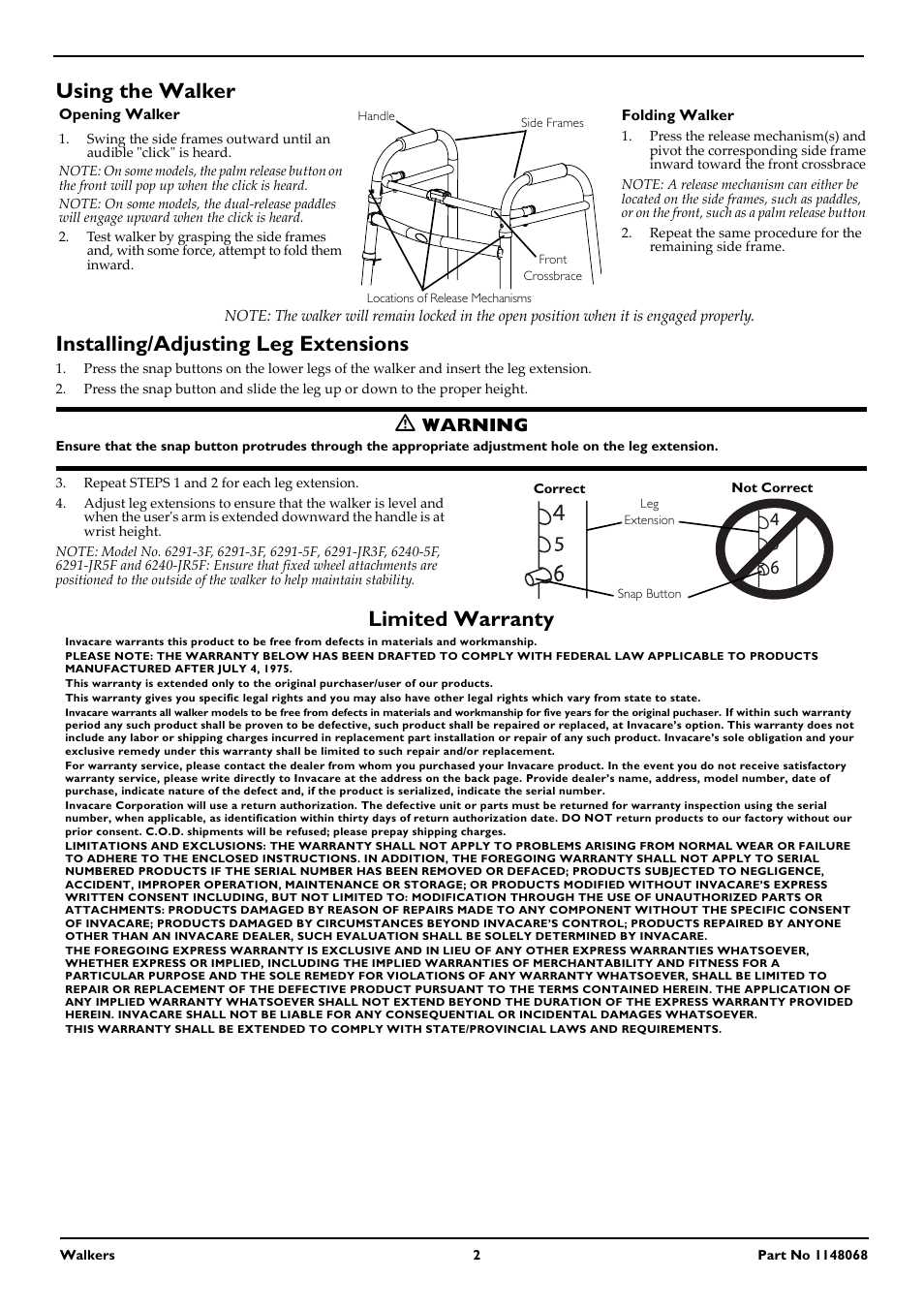 Limited warranty, Warning | Activeforever Invacare Dual Release Walker User Manual | Page 2 / 2