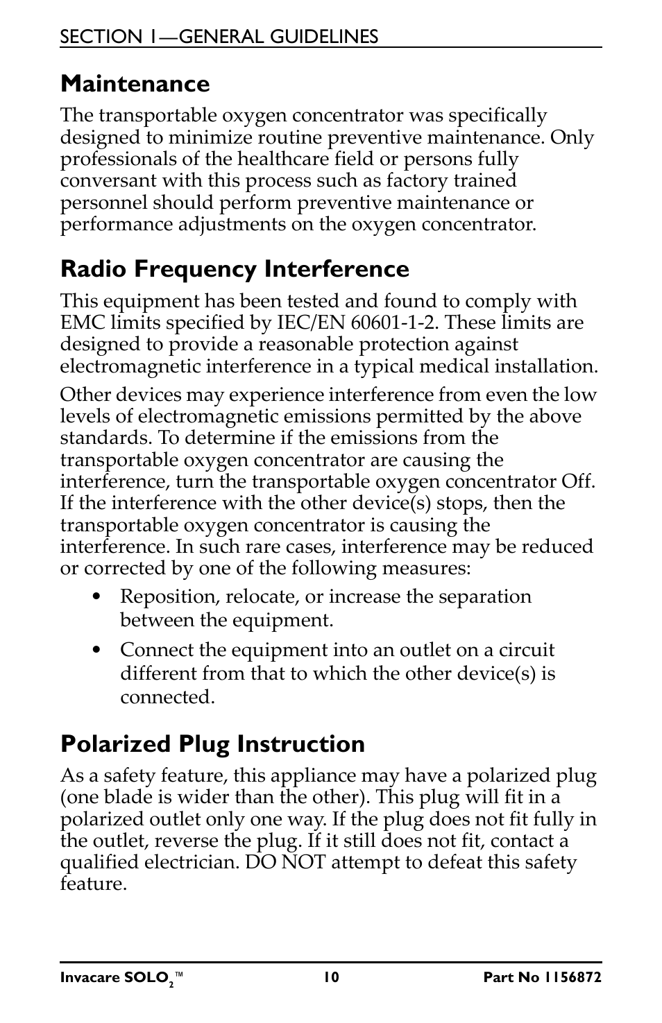 Maintenance, Radio frequency interference, Polarized plug instruction | Activeforever Invacare SOLO2 Portable Oxygen Concentrator User Manual | Page 10 / 49