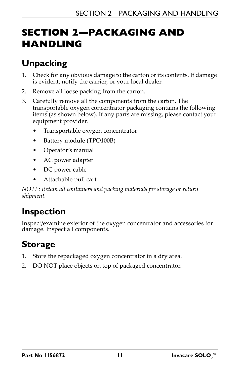 Section 2—packaging and handling, Unpacking inspection storage, Unpacking | Inspection, Storage | Activeforever Invacare SOLO2 Portable Oxygen Concentrator User Manual | Page 11 / 49