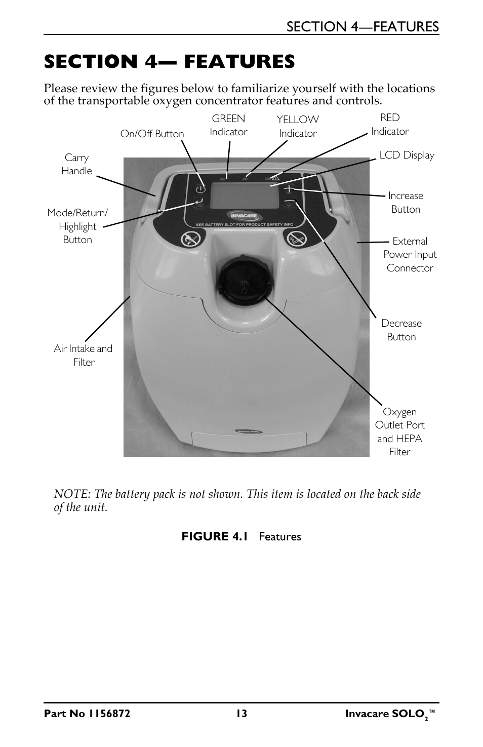 Section 4— features | Activeforever Invacare SOLO2 Portable Oxygen Concentrator User Manual | Page 13 / 49