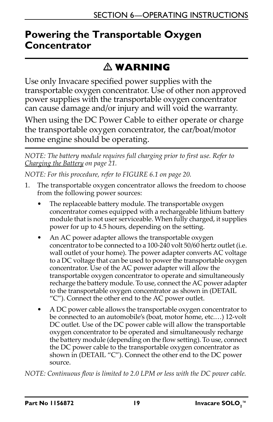 Powering the transportable oxygen concentrator, Ƽ warning | Activeforever Invacare SOLO2 Portable Oxygen Concentrator User Manual | Page 19 / 49