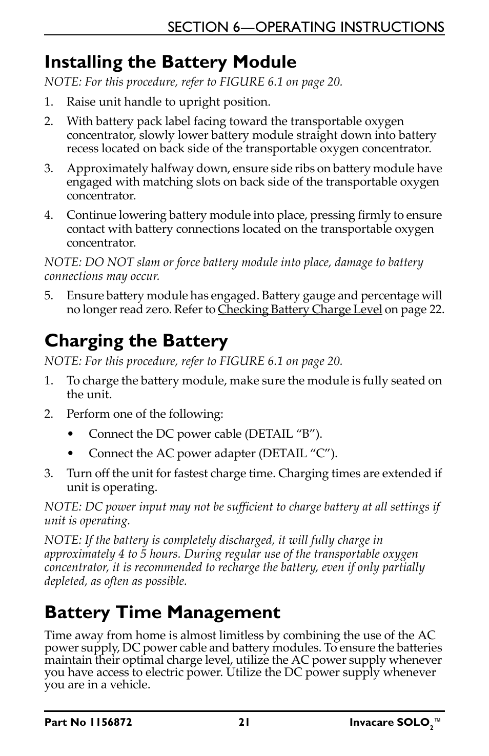 Installing the battery module, Charging the battery, Battery time management | Activeforever Invacare SOLO2 Portable Oxygen Concentrator User Manual | Page 21 / 49