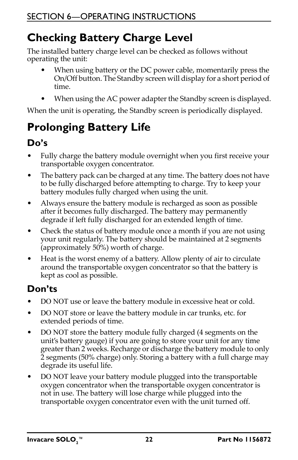 Checking battery charge level, Prolonging battery life, Do’s | Don’ts | Activeforever Invacare SOLO2 Portable Oxygen Concentrator User Manual | Page 22 / 49