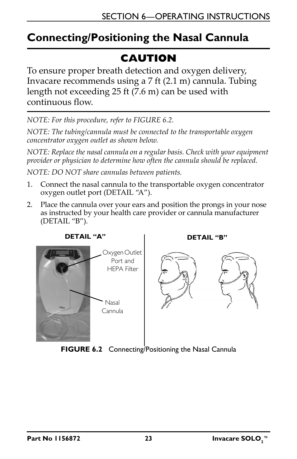 Connecting/positioning the nasal cannula, Caution | Activeforever Invacare SOLO2 Portable Oxygen Concentrator User Manual | Page 23 / 49