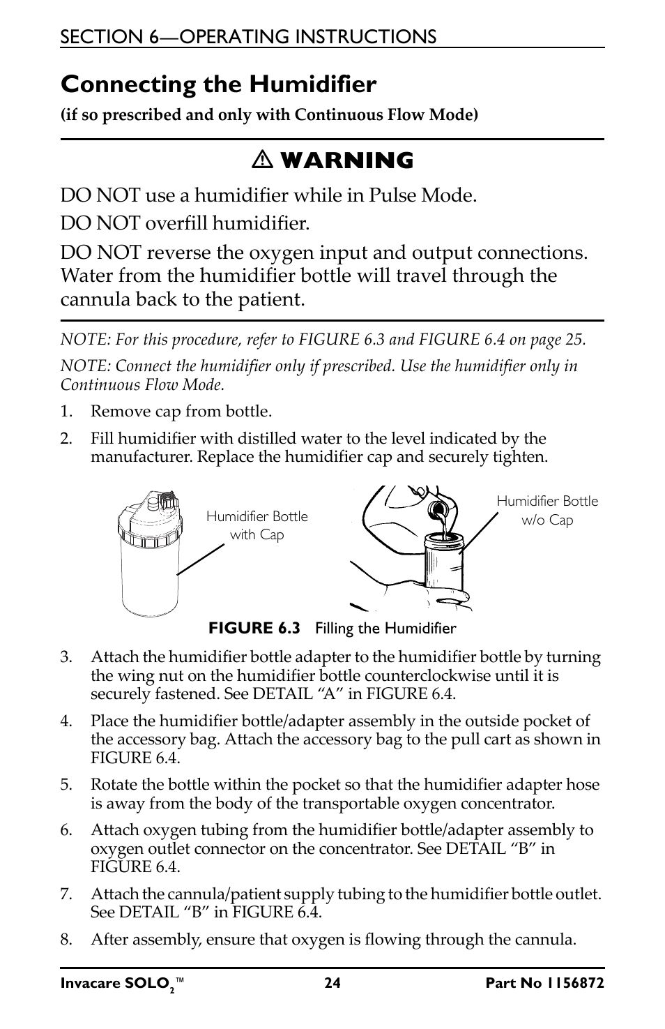 Connecting the humidifier, Ƽ warning | Activeforever Invacare SOLO2 Portable Oxygen Concentrator User Manual | Page 24 / 49