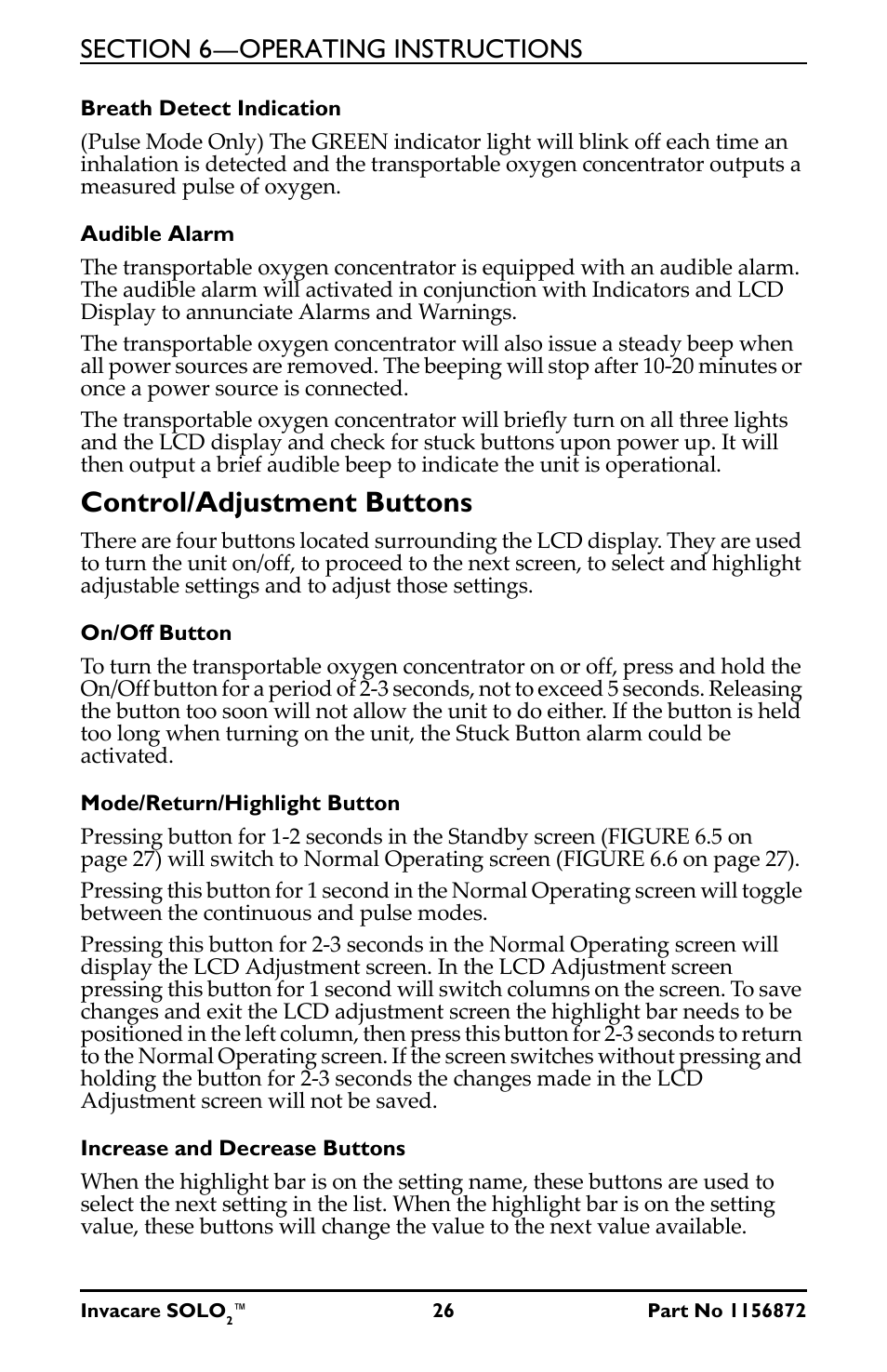 Control/adjustment buttons | Activeforever Invacare SOLO2 Portable Oxygen Concentrator User Manual | Page 26 / 49