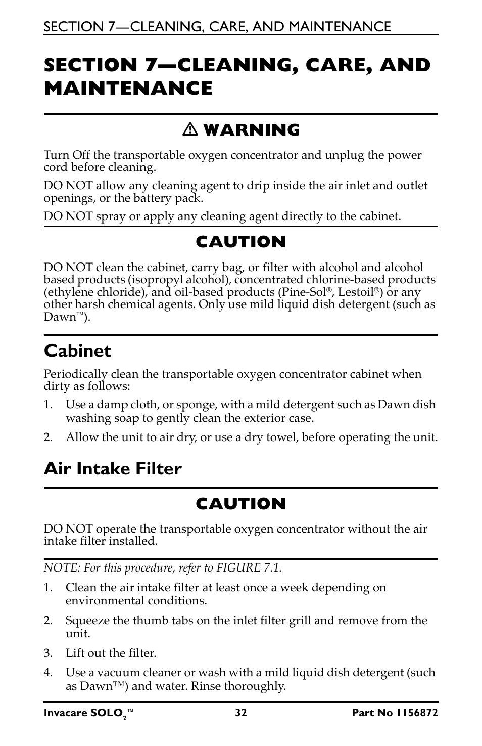 Section 7—cleaning, care, and maintenance, Cabinet air intake filter, Cabinet | Air intake filter, Ƽ warning, Caution | Activeforever Invacare SOLO2 Portable Oxygen Concentrator User Manual | Page 32 / 49