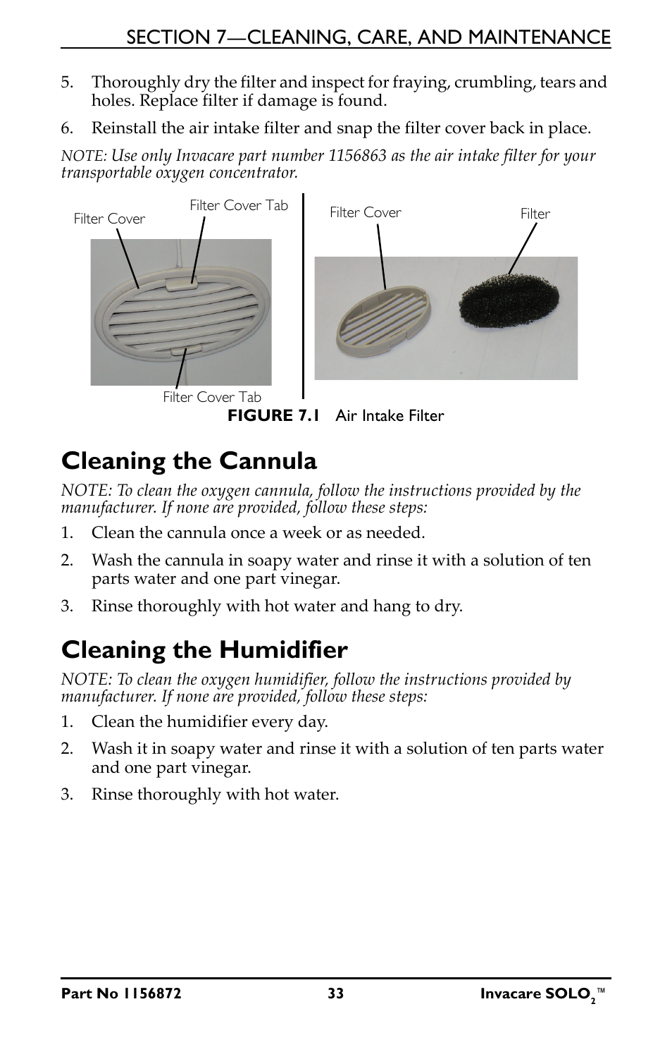 Cleaning the cannula cleaning the humidifier, Cleaning the cannula, Cleaning the humidifier | Activeforever Invacare SOLO2 Portable Oxygen Concentrator User Manual | Page 33 / 49