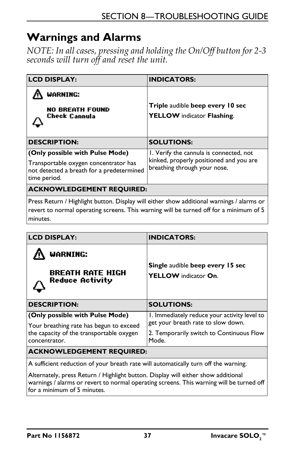 Warnings and alarms | Activeforever Invacare SOLO2 Portable Oxygen Concentrator User Manual | Page 37 / 49