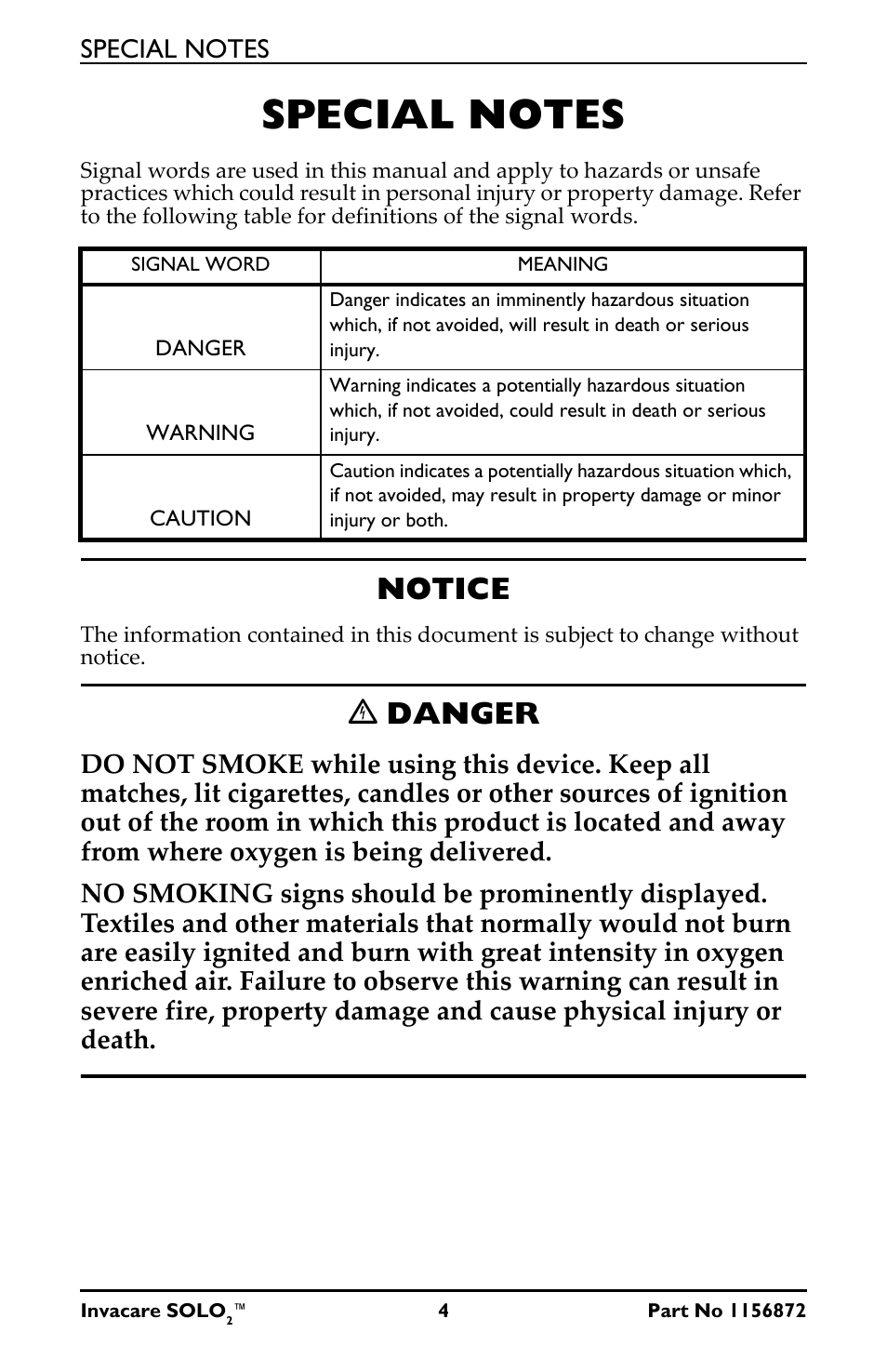 Special notes, Notice, Ꮨ danger | Activeforever Invacare SOLO2 Portable Oxygen Concentrator User Manual | Page 4 / 49