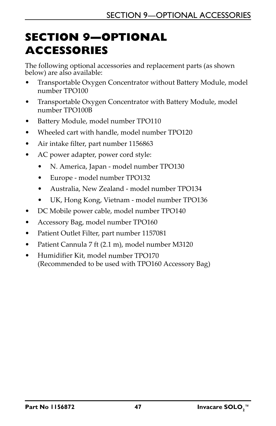 Section 9—optional accessories | Activeforever Invacare SOLO2 Portable Oxygen Concentrator User Manual | Page 47 / 49