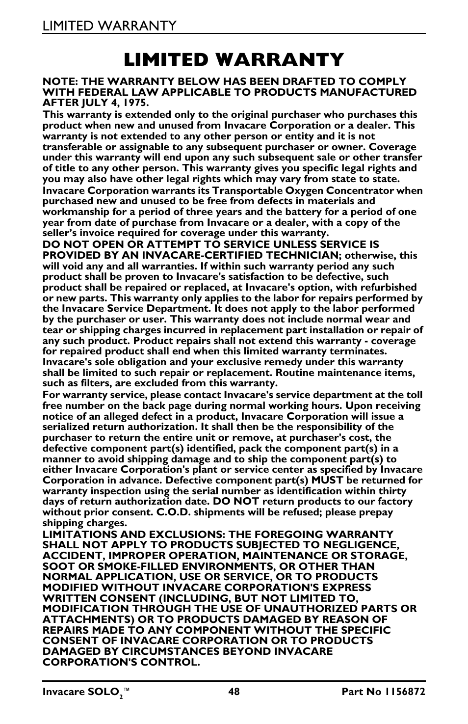Limited warranty | Activeforever Invacare SOLO2 Portable Oxygen Concentrator User Manual | Page 48 / 49