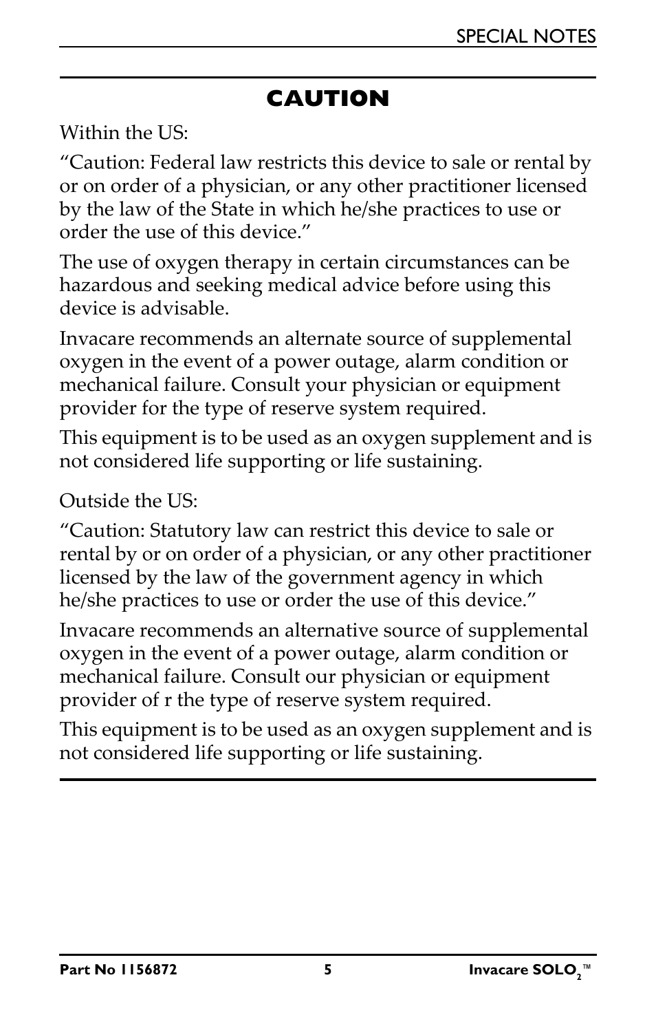 Caution | Activeforever Invacare SOLO2 Portable Oxygen Concentrator User Manual | Page 5 / 49