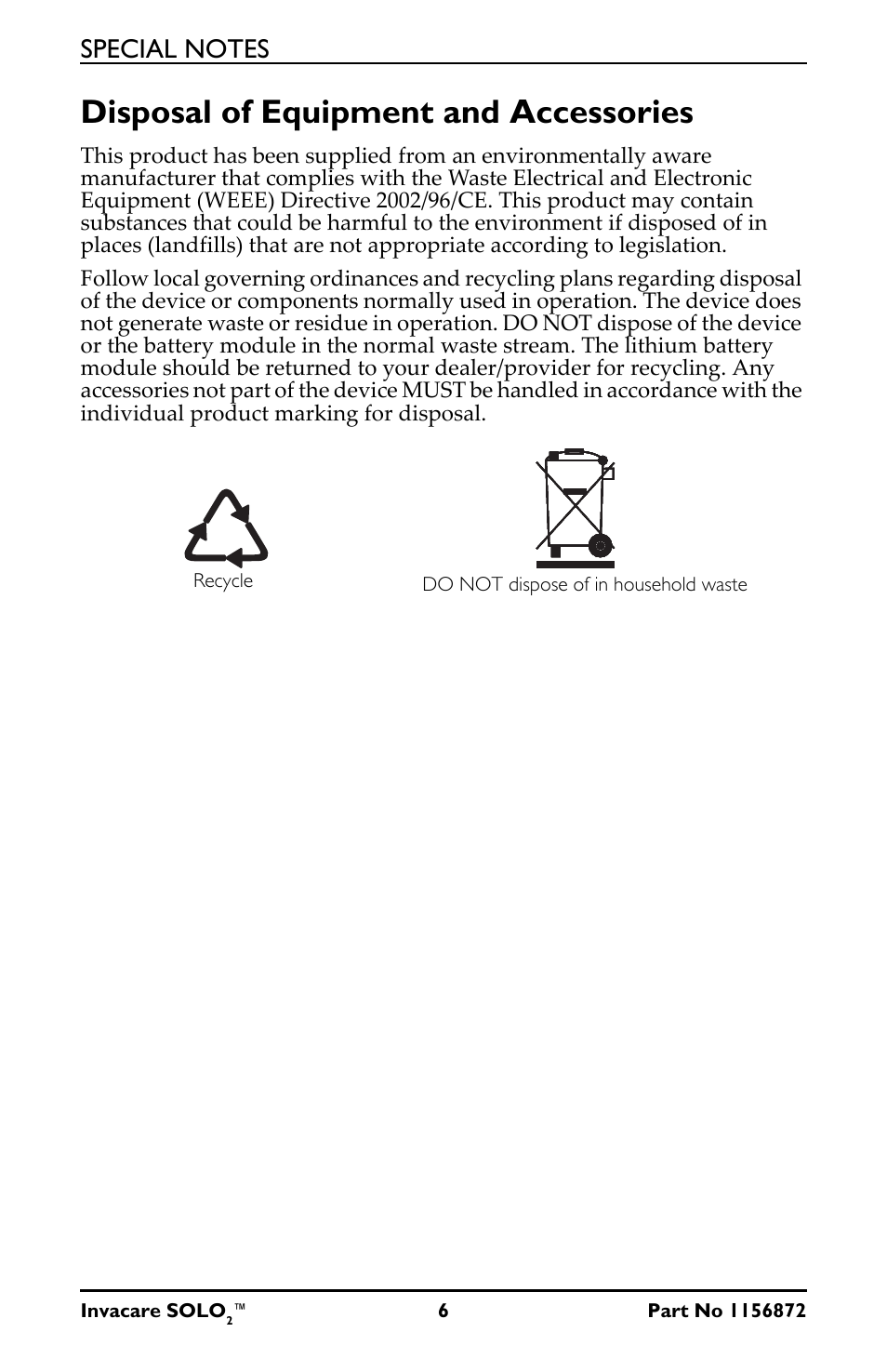 Disposal of equipment and accessories | Activeforever Invacare SOLO2 Portable Oxygen Concentrator User Manual | Page 6 / 49