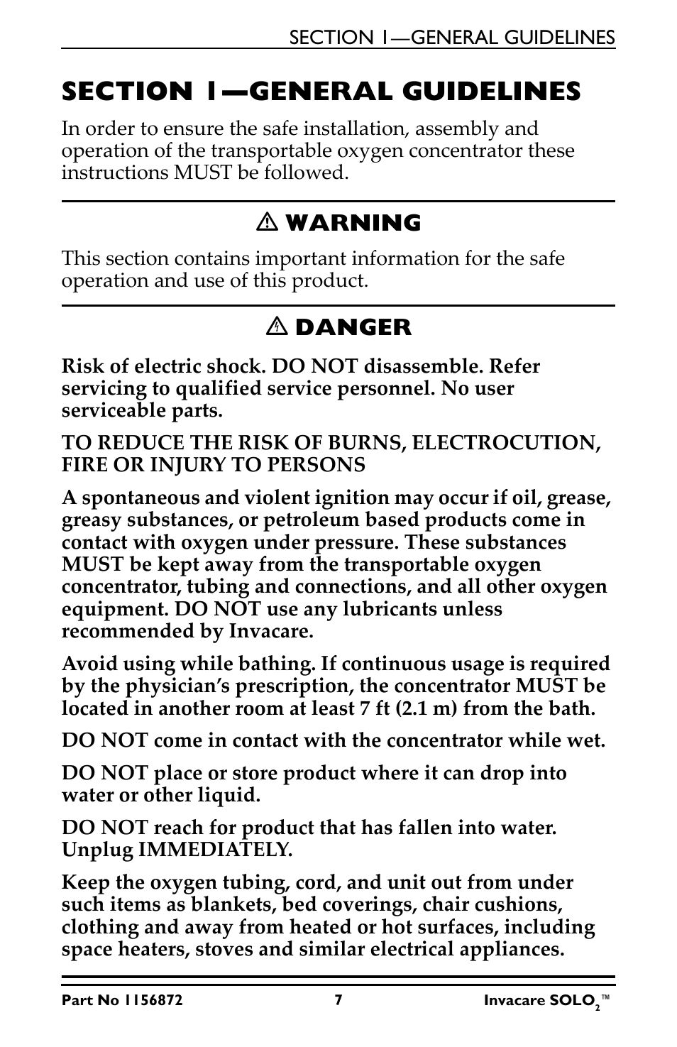 Section 1—general guidelines, Ƽ warning, Ꮨ danger | Activeforever Invacare SOLO2 Portable Oxygen Concentrator User Manual | Page 7 / 49