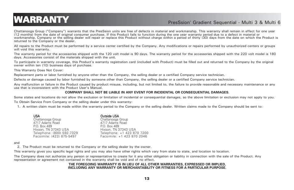 Wwa ar rr ra an nt ty y | Activeforever PresSsion Sequential Compression Device Multi 3 ( ) User Manual | Page 16 / 20