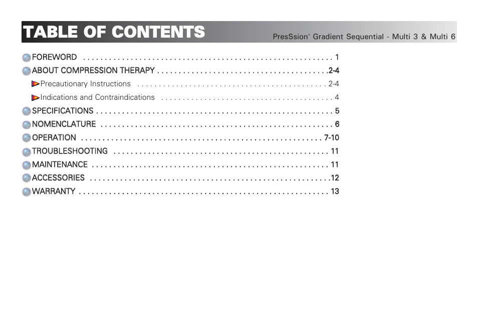 Tta ab bl le e o of f c co on nt te en nt ts s | Activeforever PresSsion Sequential Compression Device Multi 3 ( ) User Manual | Page 3 / 20