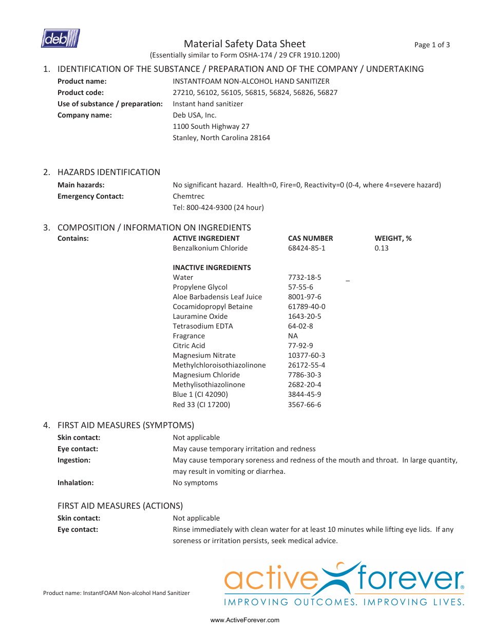 Activeforever InstantFoam Non-Alcohol Foaming Hand Sanitizer User Manual | 3 pages