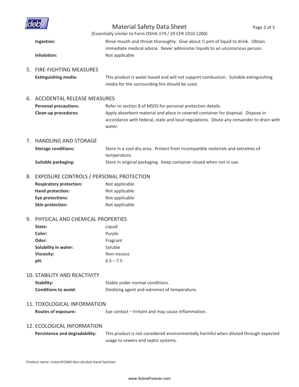 Material safety data sheet | Activeforever InstantFoam Non-Alcohol Foaming Hand Sanitizer User Manual | Page 2 / 3