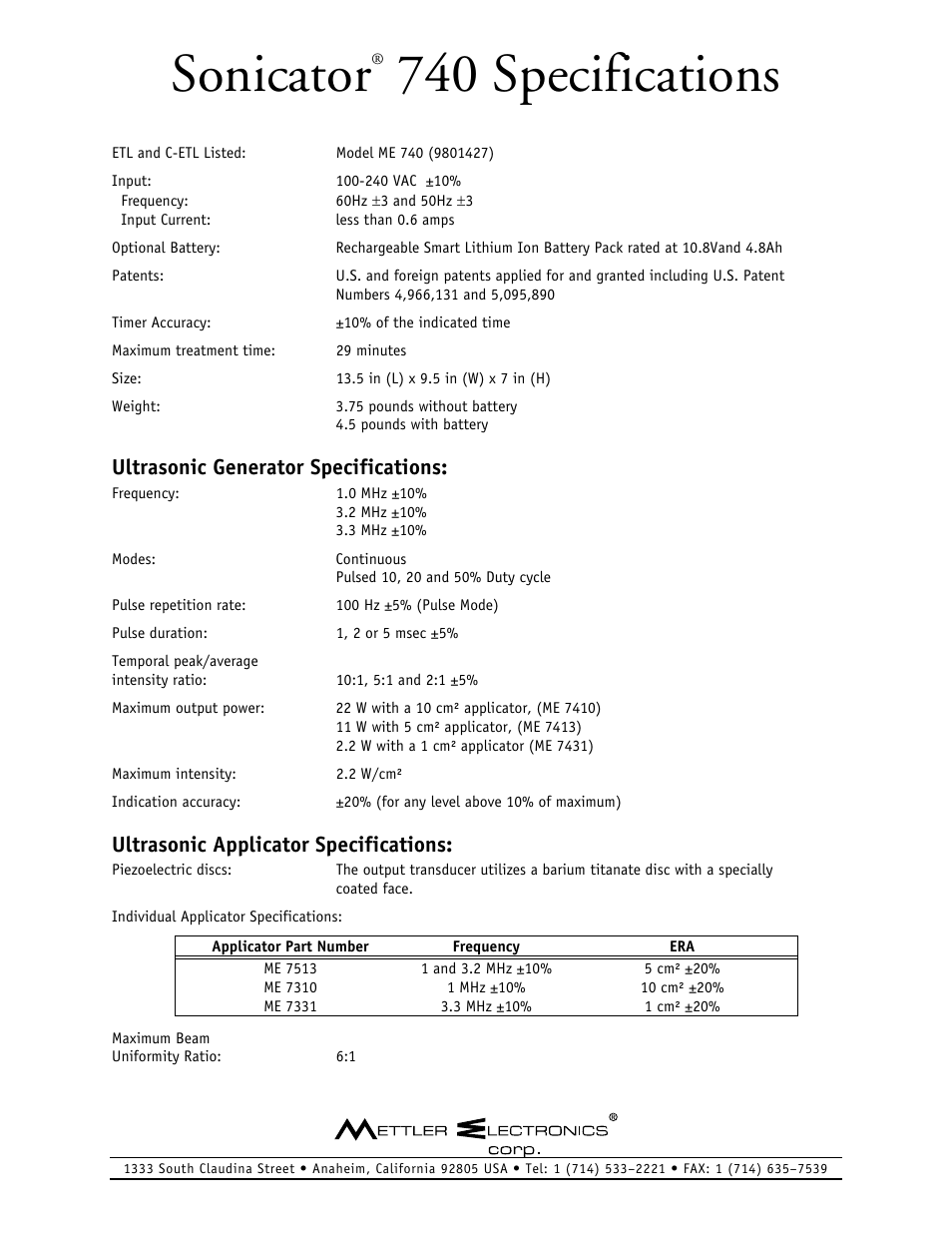 Activeforever Mettler Sonicator 740X Therapeutic Ultrasound Device User Manual | 1 page