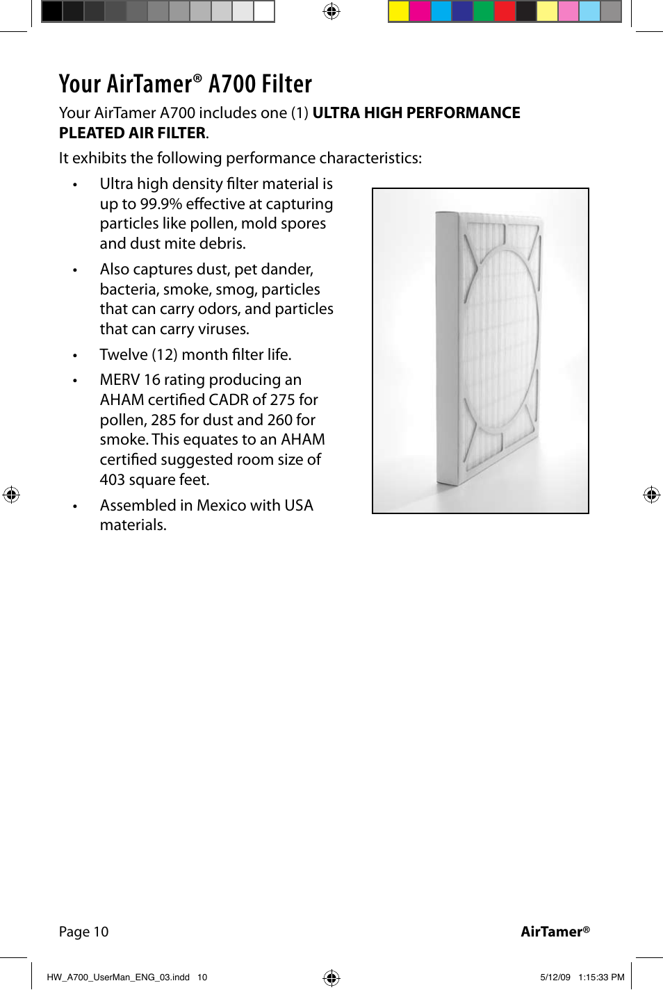 Your airtamer® a700 filter | Activeforever FilterStream AirTamer Ultra High Efficiency Air Purifier User Manual | Page 12 / 24