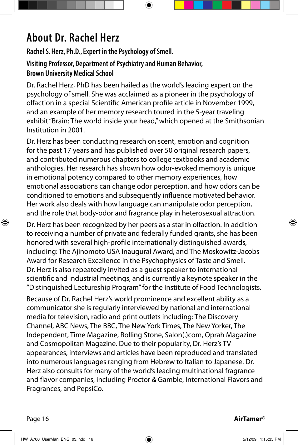 About dr. rachel herz | Activeforever FilterStream AirTamer Ultra High Efficiency Air Purifier User Manual | Page 18 / 24