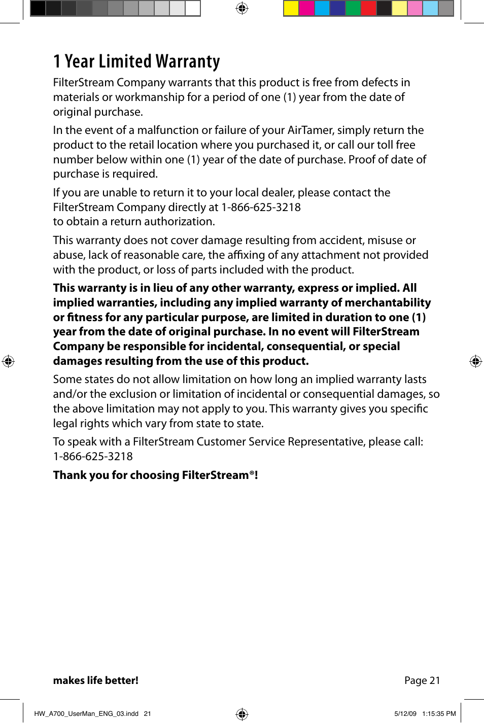1 year limited warranty | Activeforever FilterStream AirTamer Ultra High Efficiency Air Purifier User Manual | Page 23 / 24