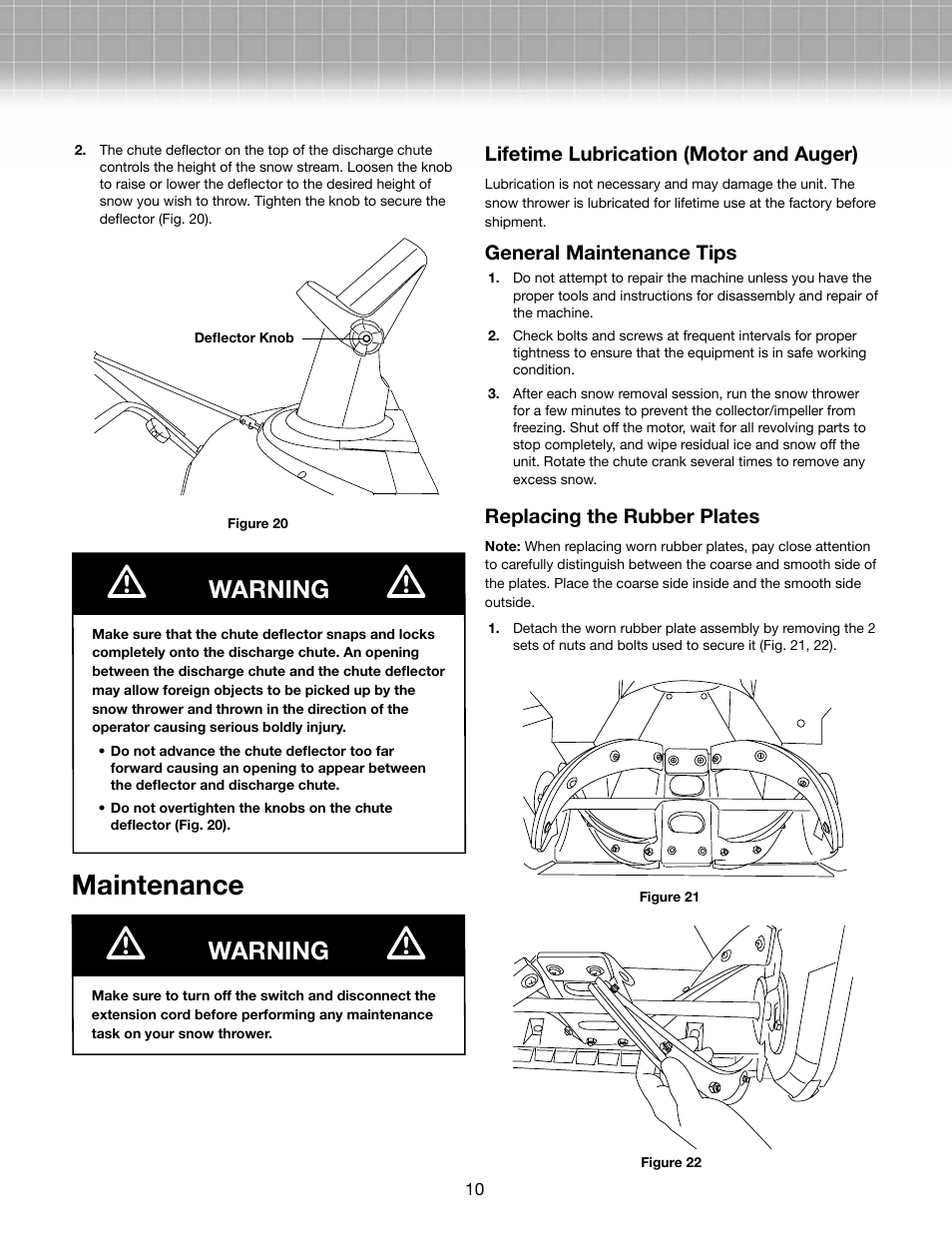 Maintenance, Warning | Activeforever Snow Joe Ultra 13.5 Amp Electric Snow Thrower User Manual | Page 10 / 14
