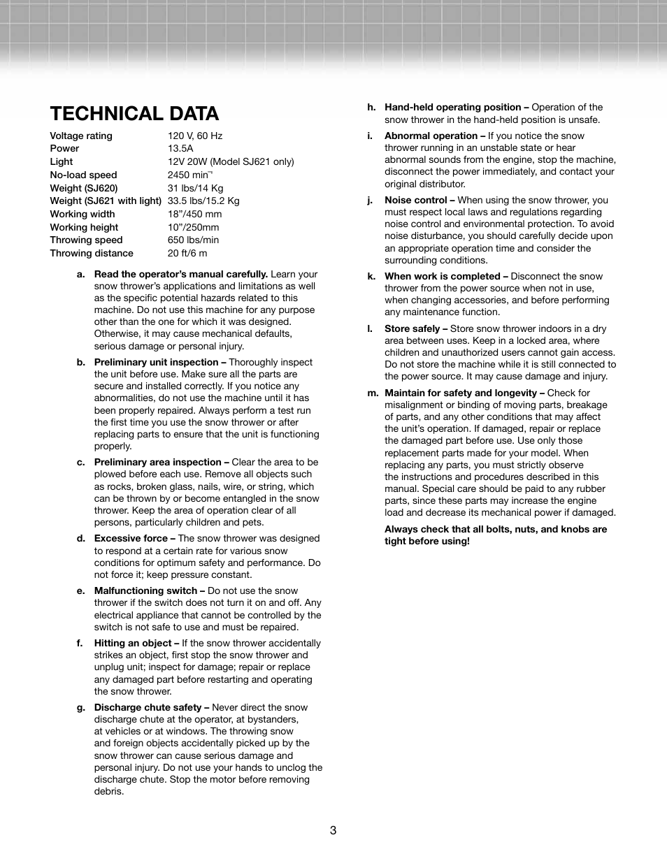 Technical data | Activeforever Snow Joe Ultra 13.5 Amp Electric Snow Thrower User Manual | Page 3 / 14