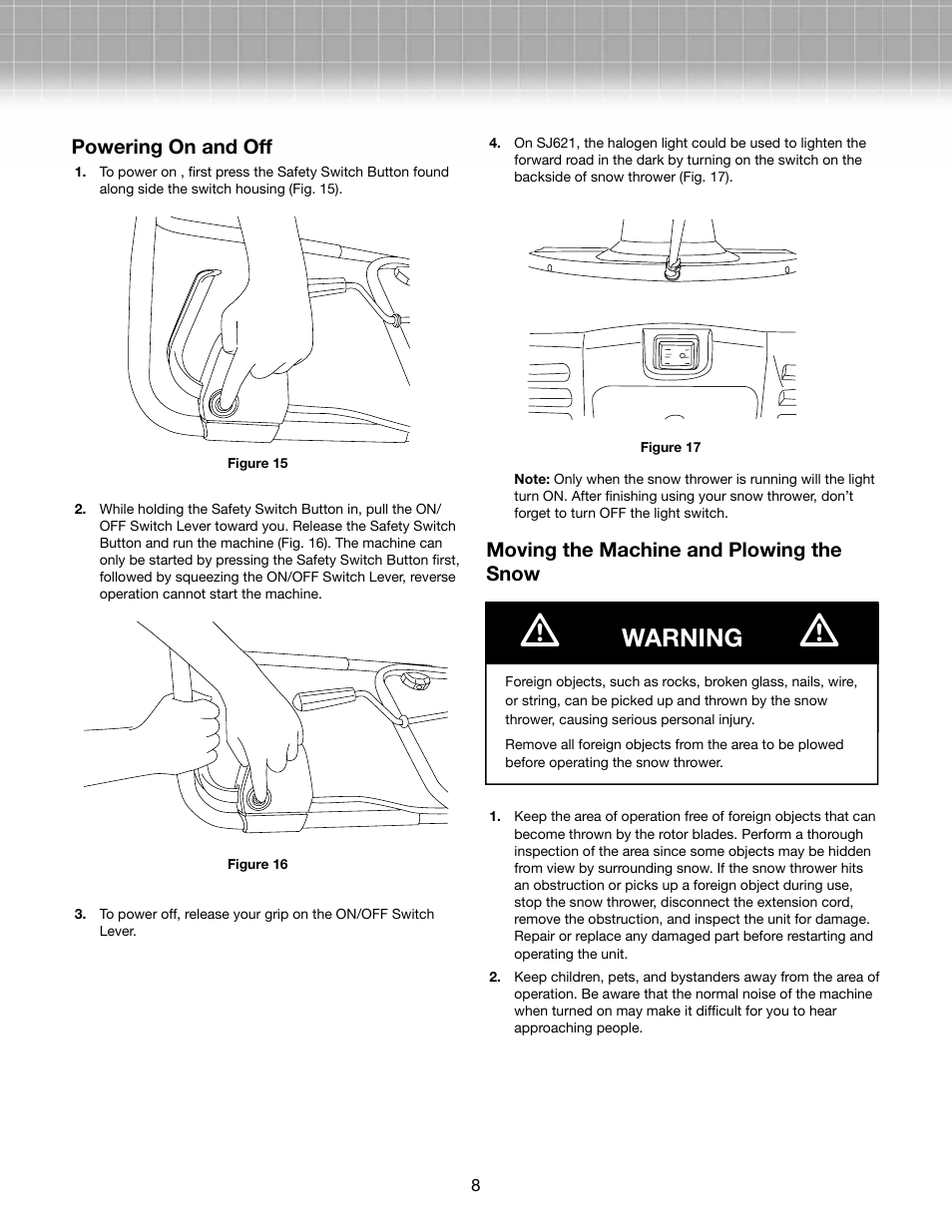 Warning | Activeforever Snow Joe Ultra 13.5 Amp Electric Snow Thrower User Manual | Page 8 / 14