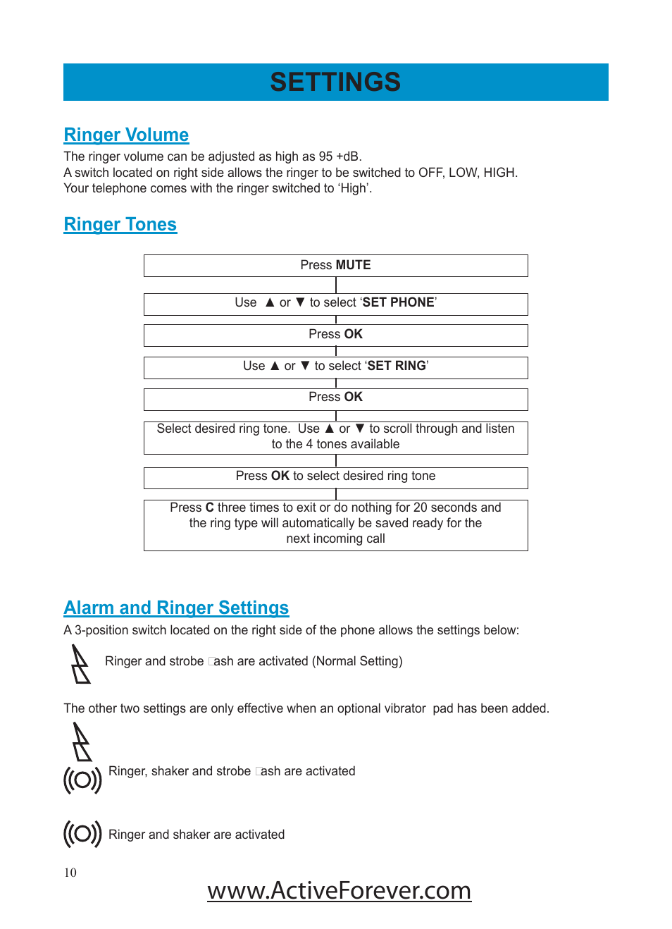 Settings, Ringer volume, Ringer tones | Alarm and ringer settings | Activeforever Geemarc AMPLI500 Amplified Phone User Manual | Page 10 / 32