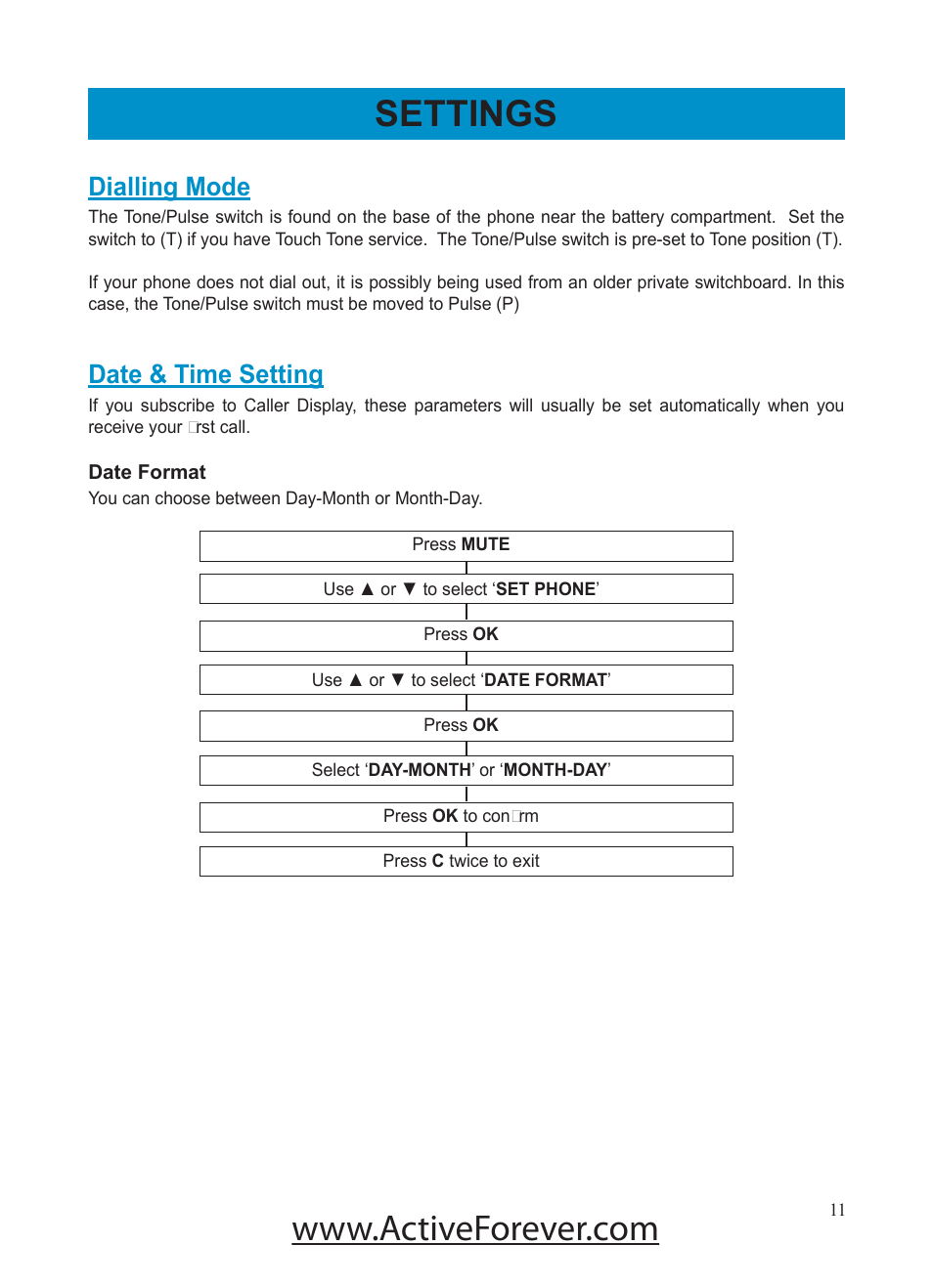 Settings, Dialling mode, Date & time setting | Activeforever Geemarc AMPLI500 Amplified Phone User Manual | Page 11 / 32