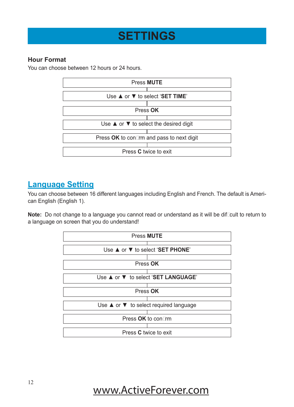 Settings, Language setting | Activeforever Geemarc AMPLI500 Amplified Phone User Manual | Page 12 / 32