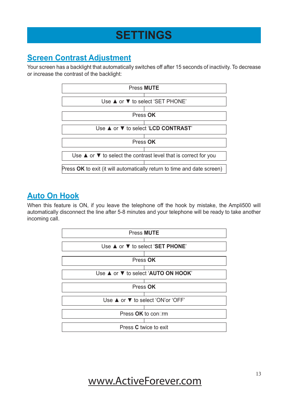 Settings, Screen contrast adjustment, Auto on hook | Activeforever Geemarc AMPLI500 Amplified Phone User Manual | Page 13 / 32