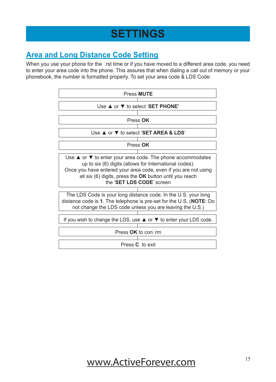 Settings, Area and long distance code setting | Activeforever Geemarc AMPLI500 Amplified Phone User Manual | Page 15 / 32