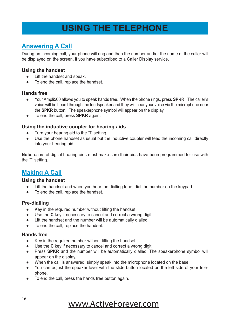 Using the telephone, Answering a call, Making a call | Activeforever Geemarc AMPLI500 Amplified Phone User Manual | Page 16 / 32