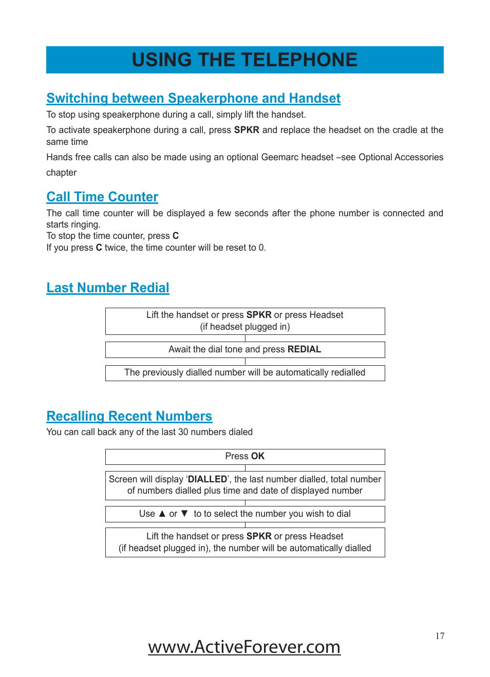 Using the telephone, Switching between speakerphone and handset, Call time counter | Last number redial, Recalling recent numbers | Activeforever Geemarc AMPLI500 Amplified Phone User Manual | Page 17 / 32