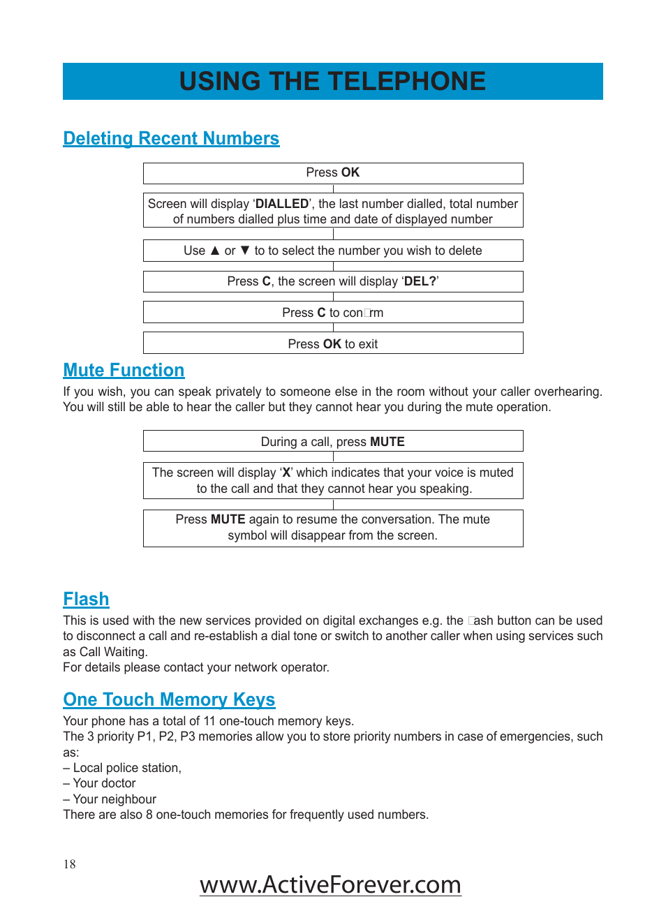 Using the telephone, Deleting recent numbers, Mute function | Flash | Activeforever Geemarc AMPLI500 Amplified Phone User Manual | Page 18 / 32