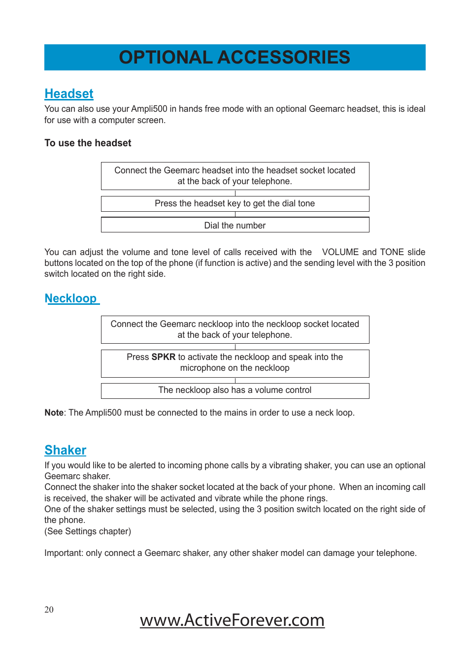 Optional accessories, Headset, Shaker | Neckloop | Activeforever Geemarc AMPLI500 Amplified Phone User Manual | Page 20 / 32