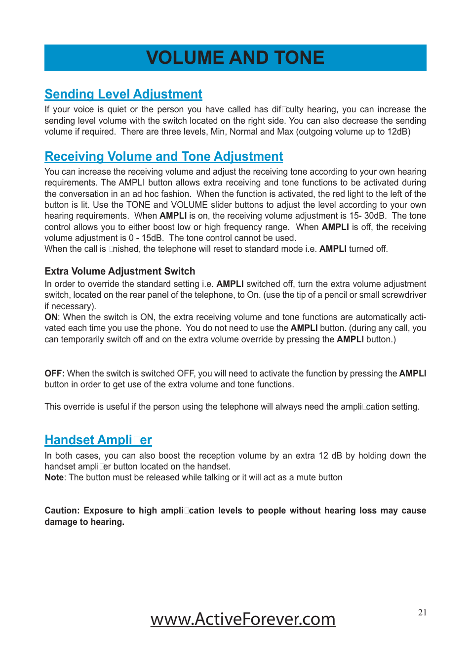 Volume and tone, Sending level adjustment, Receiving volume and tone adjustment | Handset ampli�er | Activeforever Geemarc AMPLI500 Amplified Phone User Manual | Page 21 / 32