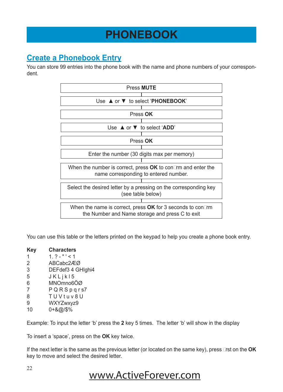Phonebook, Create a phonebook entry | Activeforever Geemarc AMPLI500 Amplified Phone User Manual | Page 22 / 32