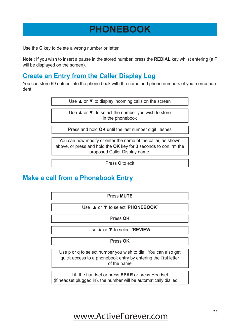 Phonebook, Create an entry from the caller display log, Make a call from a phonebook entry | Activeforever Geemarc AMPLI500 Amplified Phone User Manual | Page 23 / 32