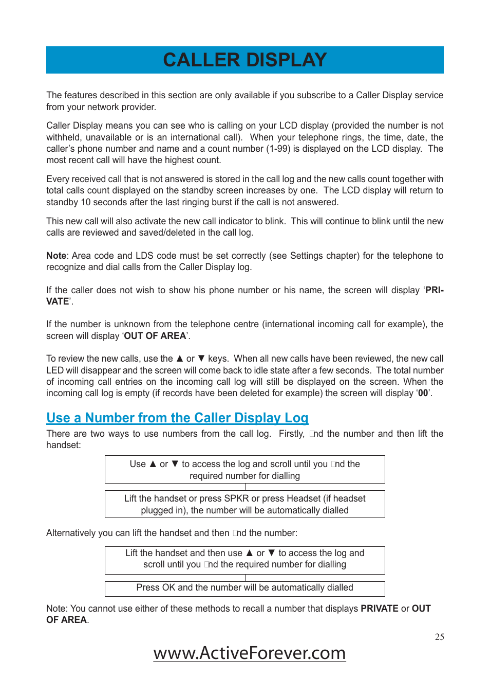 Caller display, Use a number from the caller display log | Activeforever Geemarc AMPLI500 Amplified Phone User Manual | Page 25 / 32