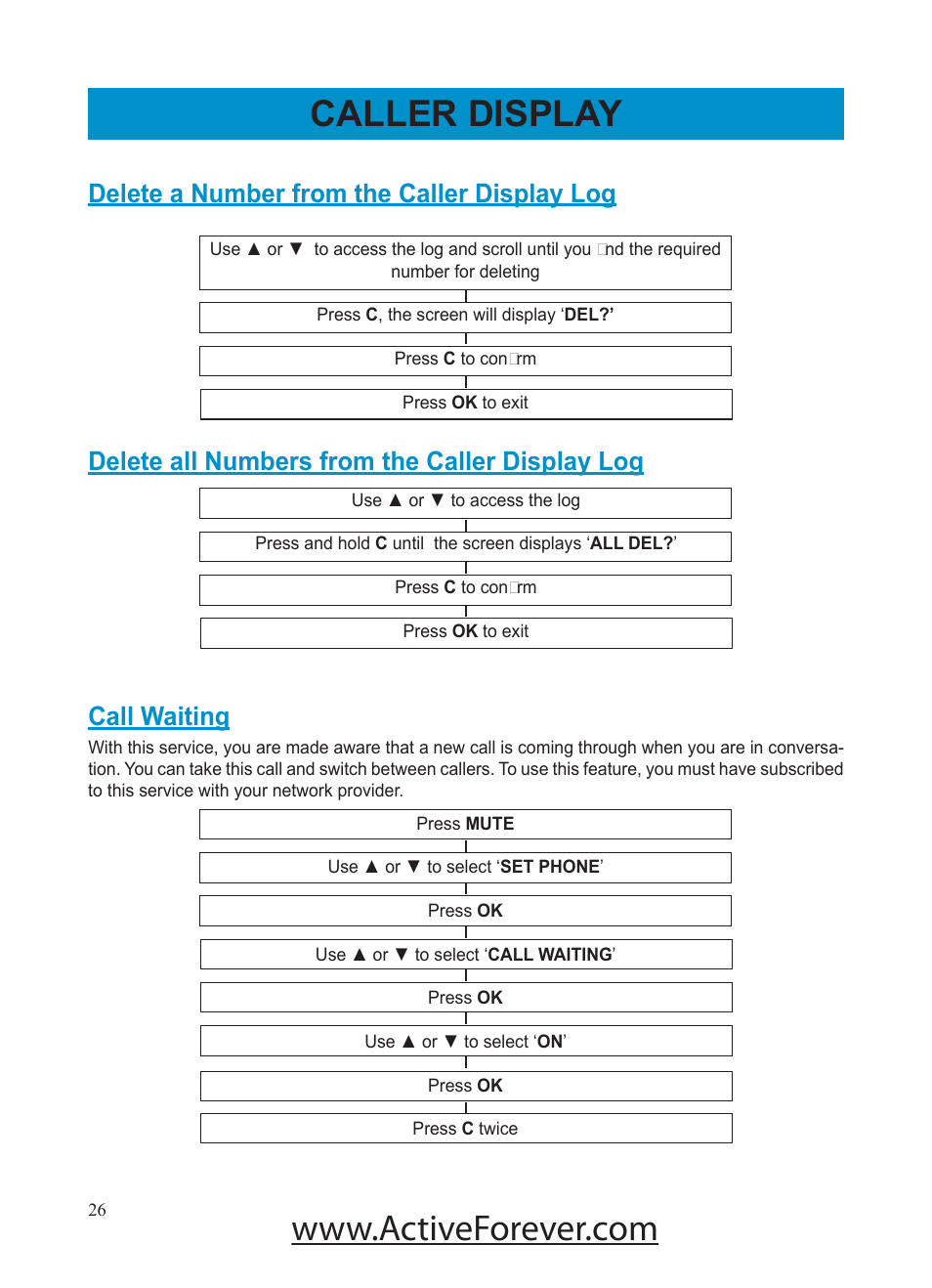 Caller display, Delete a number from the caller display log, Delete all numbers from the caller display log | Call waiting | Activeforever Geemarc AMPLI500 Amplified Phone User Manual | Page 26 / 32